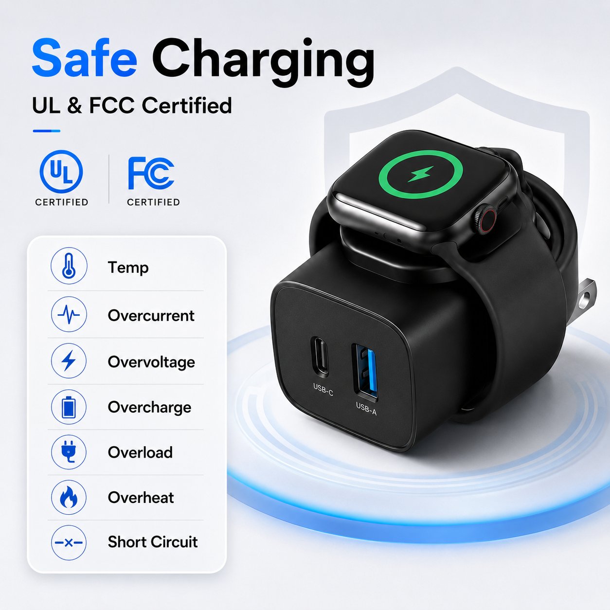 ⚡ 3-in-1 20W GaN Fast Charger | Built-in Apple Watch Wireless Charger + USB-C + USB-A!