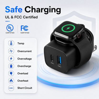 ⚡ 3-in-1 20W GaN Fast Charger | Built-in Apple Watch Wireless Charger + USB-C + USB-A!