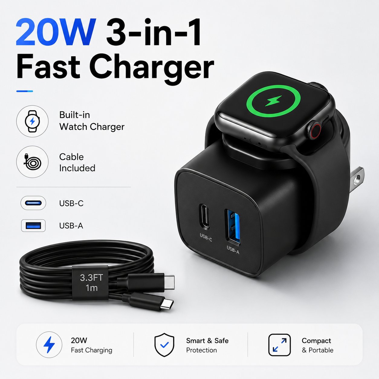 ⚡ 3-in-1 20W GaN Fast Charger | Built-in Apple Watch Wireless Charger + USB-C + USB-A!