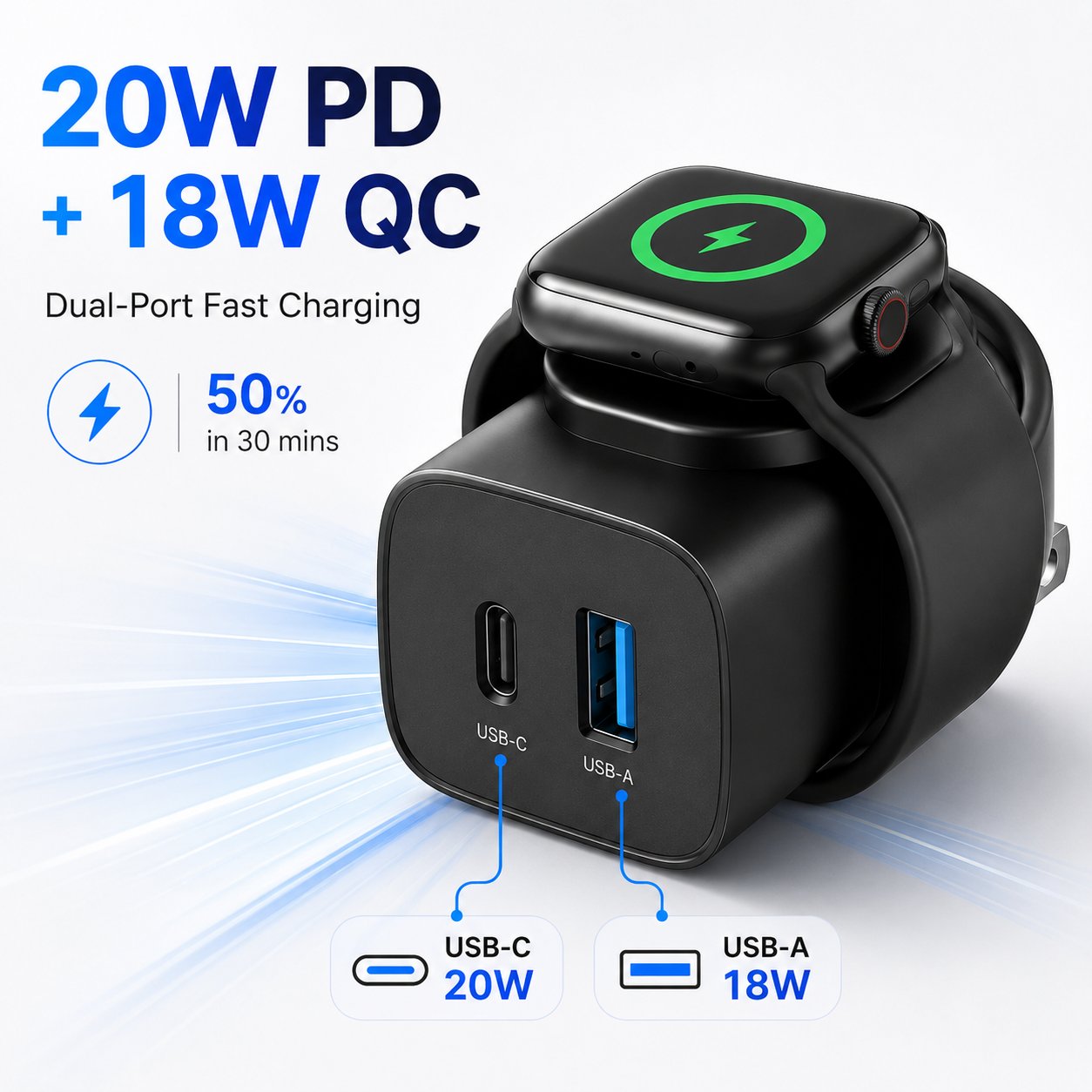 ⚡ 3-in-1 20W GaN Fast Charger | Built-in Apple Watch Wireless Charger + USB-C + USB-A!