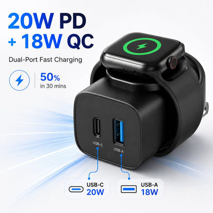 ⚡ 3-in-1 20W GaN Fast Charger | Built-in Apple Watch Wireless Charger + USB-C + USB-A!