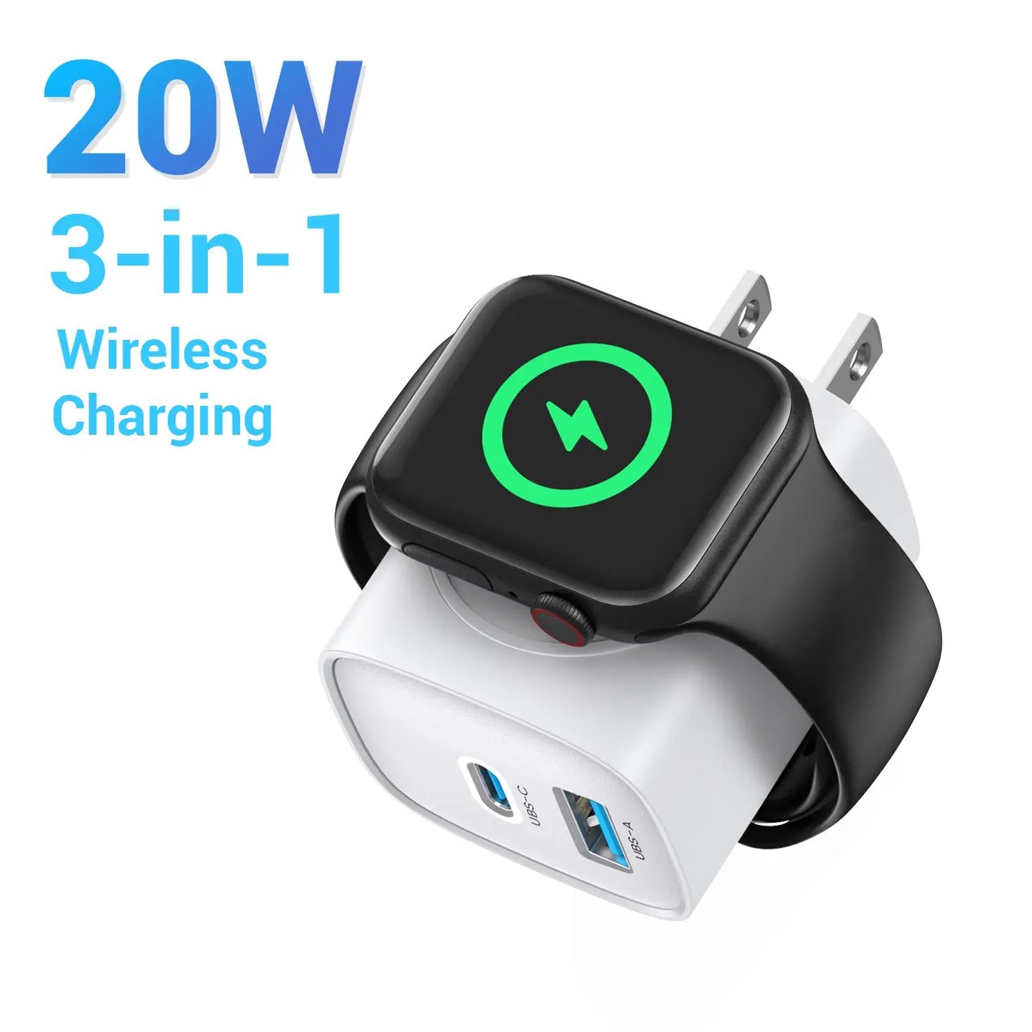 ⚡ 3-in-1 20W GaN Fast Charger | Built-in Apple Watch Wireless Charger + USB-C + USB-A!