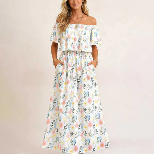 🔥Women's Off The Shoulder Dress Wedding Guest Dress Summer Casual Long Ruffle Party Side Split Beach Maxi Dresses