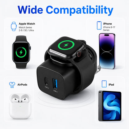 ⚡ 3-in-1 20W GaN Fast Charger | Built-in Apple Watch Wireless Charger + USB-C + USB-A!