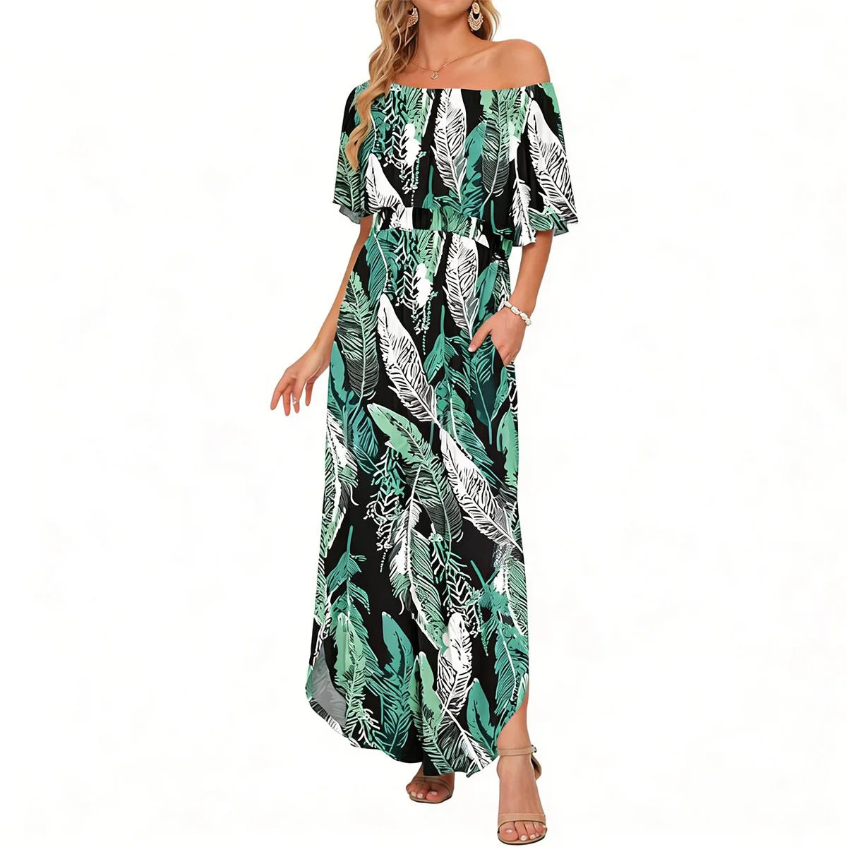 🔥Women's Off The Shoulder Dress Wedding Guest Dress Summer Casual Long Ruffle Party Side Split Beach Maxi Dresses