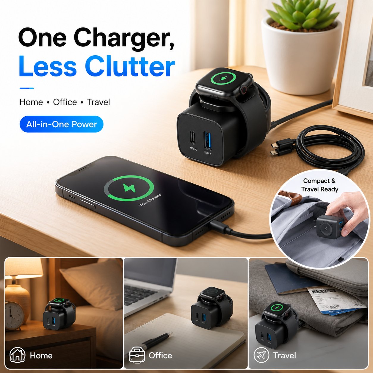 ⚡ 3-in-1 20W GaN Fast Charger | Built-in Apple Watch Wireless Charger + USB-C + USB-A!