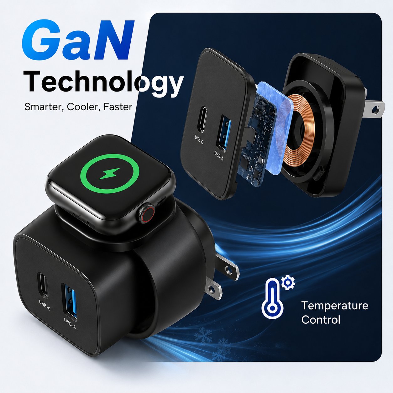 ⚡ 3-in-1 20W GaN Fast Charger | Built-in Apple Watch Wireless Charger + USB-C + USB-A!