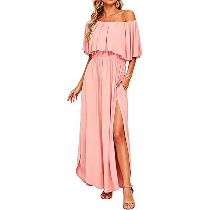 🔥Women's Off The Shoulder Dress Wedding Guest Dress Summer Casual Long Ruffle Party Side Split Beach Maxi Dresses